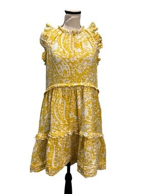 ME+EM Size 8 Yellow White Print Dress Ruffle Sleeve Tiered Boho Mini Pockets